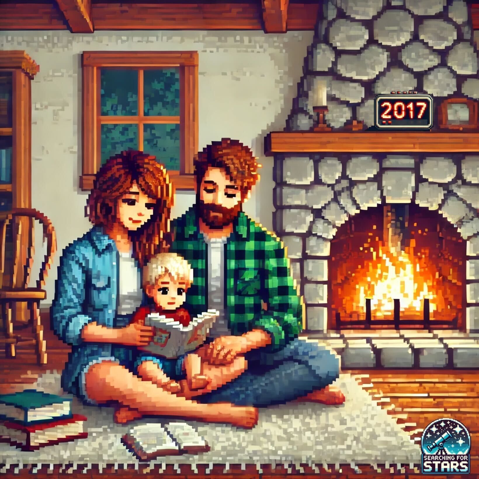 Pixel art illustration of a family sitting together by a fireplace reading a book, representing memory, comfort, warmth, words that transcend time and emotional connection in a Searching for Stars universe.