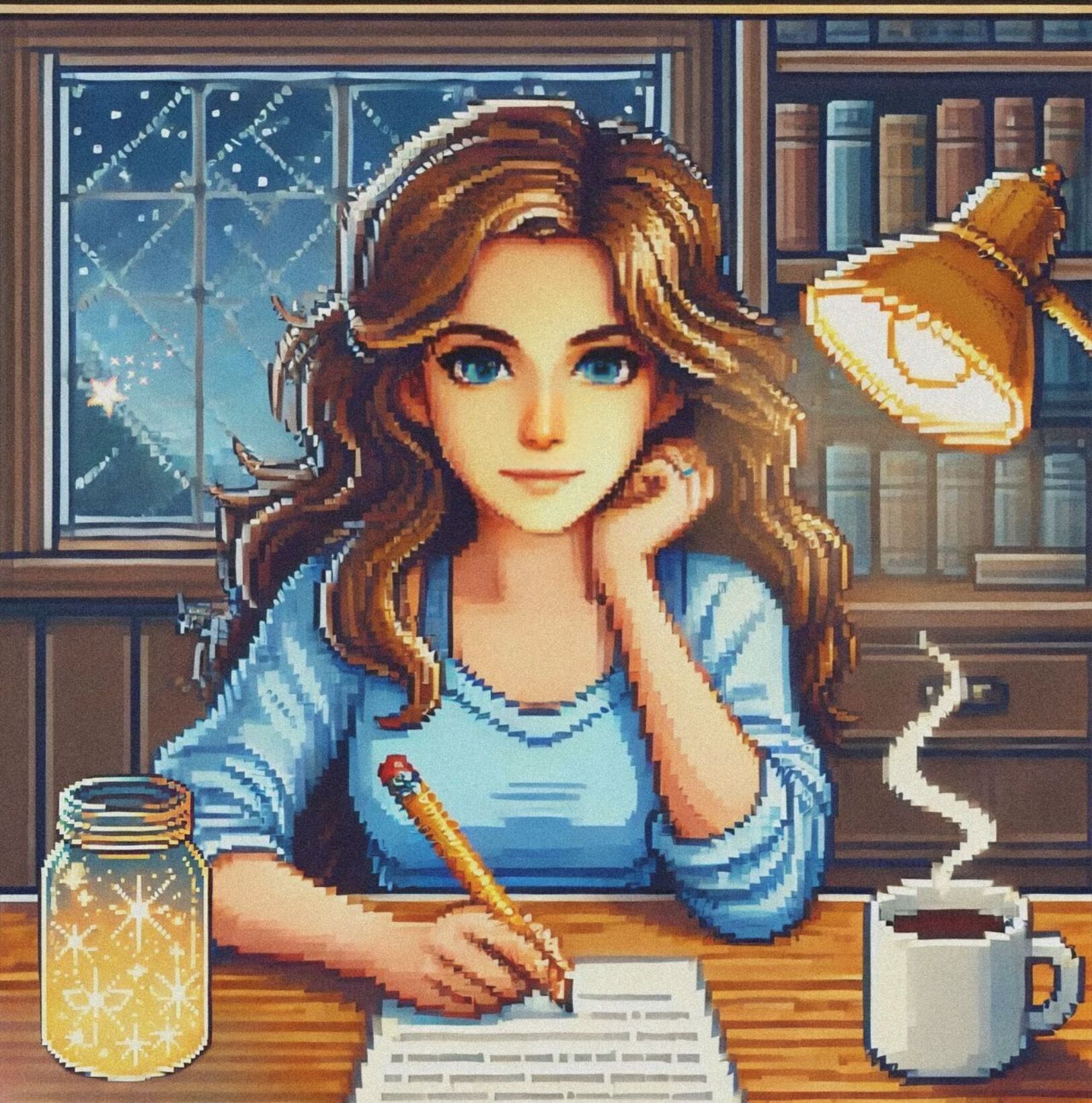 Pixel art image of Lauren writing a letter at a desk by lamplight, with a cup of coffee and a jar of fireflies nearby, representing reflection, gratitude, and messages sent with care in a Searching for Stars universe.  The Cosmic Post Office Letters of Light