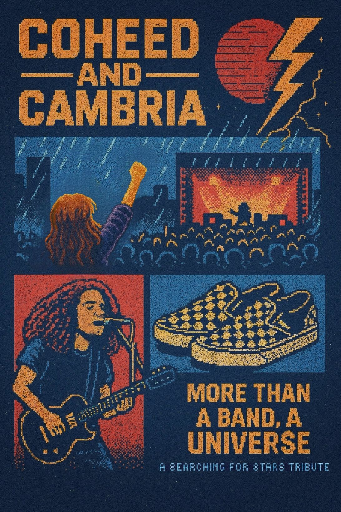 A pixelated image of the author standing in a rain-soaked crowd at Warped Tour, fist raised toward the stage. The lead singer of Coheed and Cambria performs all under stormy skies, black and white checkered Vans take the focal point. The image captures music as universe building, and the feeling of belonging inside a bands world.