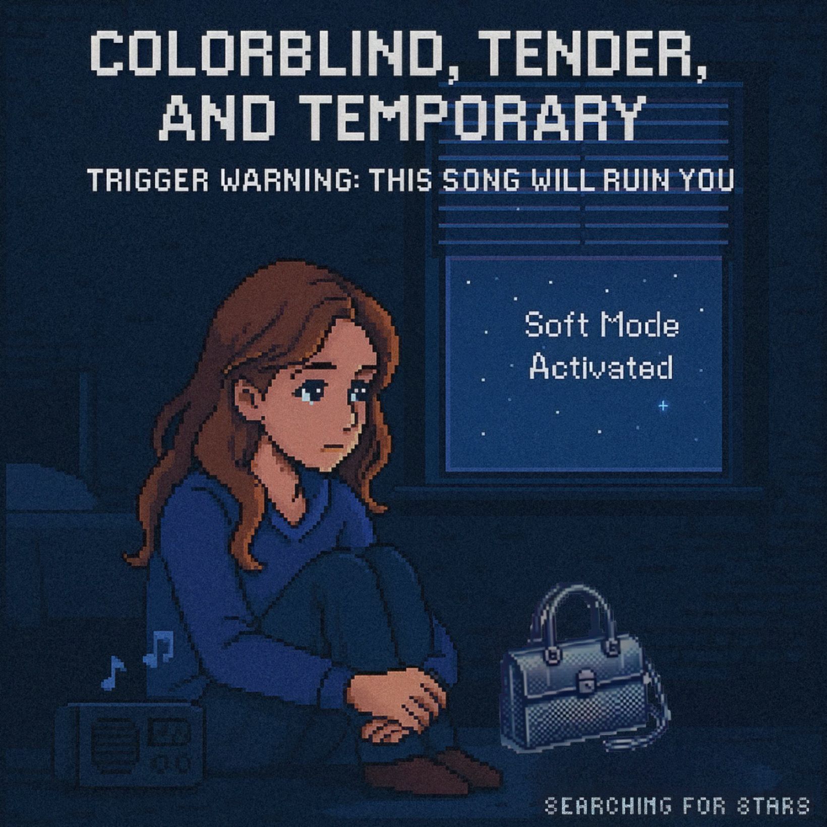 Pixel art illustration of Lauren from a Searching for Stars universe alone in a dark room with her knees pulled to her chest listening to music.  Creating a mood of tenderness and emotional reflection.