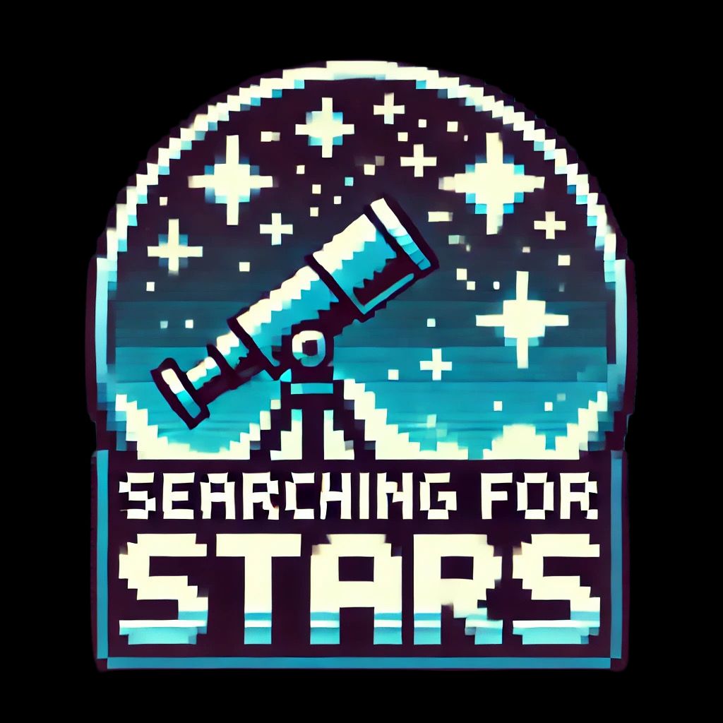 Searching For Stars Logo - Telescope looking into a 8bit retro galaxy filled with the stars of nostalgia and echolalia