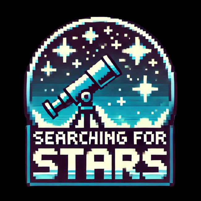 Searching For Stars Logo - Telescope looking into a 8bit retro galaxy filled with the stars of nostalgia and echolalia