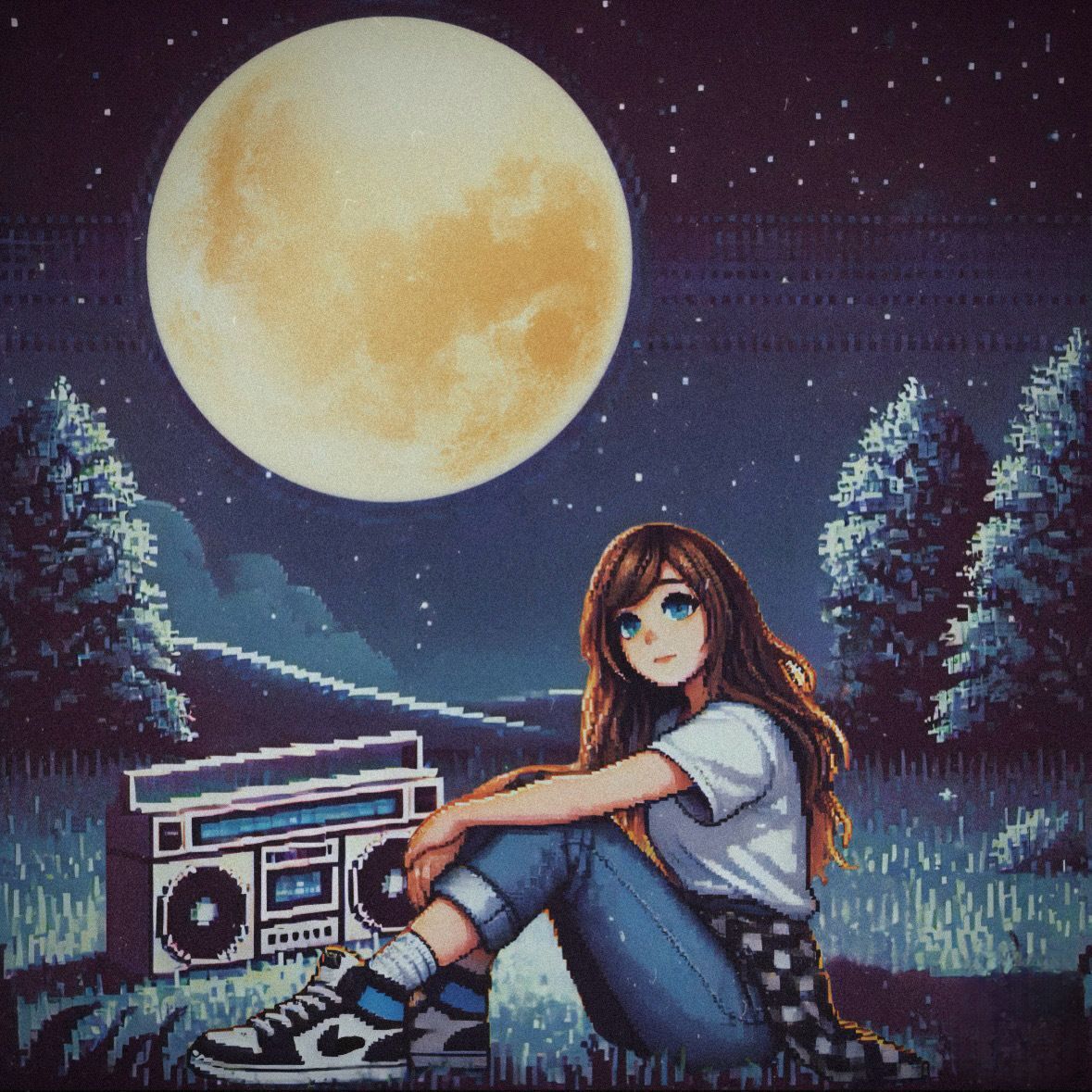 Pixel art image of Lauren sitting beneath a full moon with a boom box, representing music, capturing nostalgia and the feeling of reflection in a Searching for Stars universe