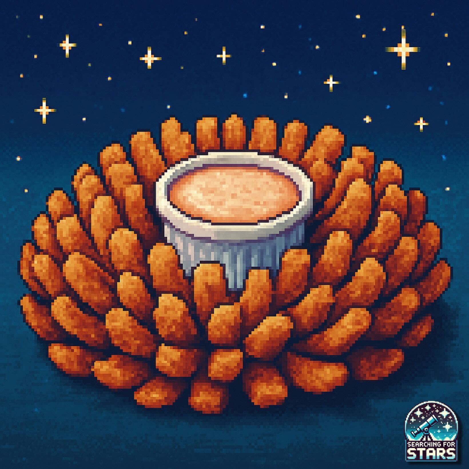 Pixel art bloomin' onion from Outback Steakhouse beneath a starry sky symbolizing food, music, memory, emotion and love in a Searching for Stars universe
