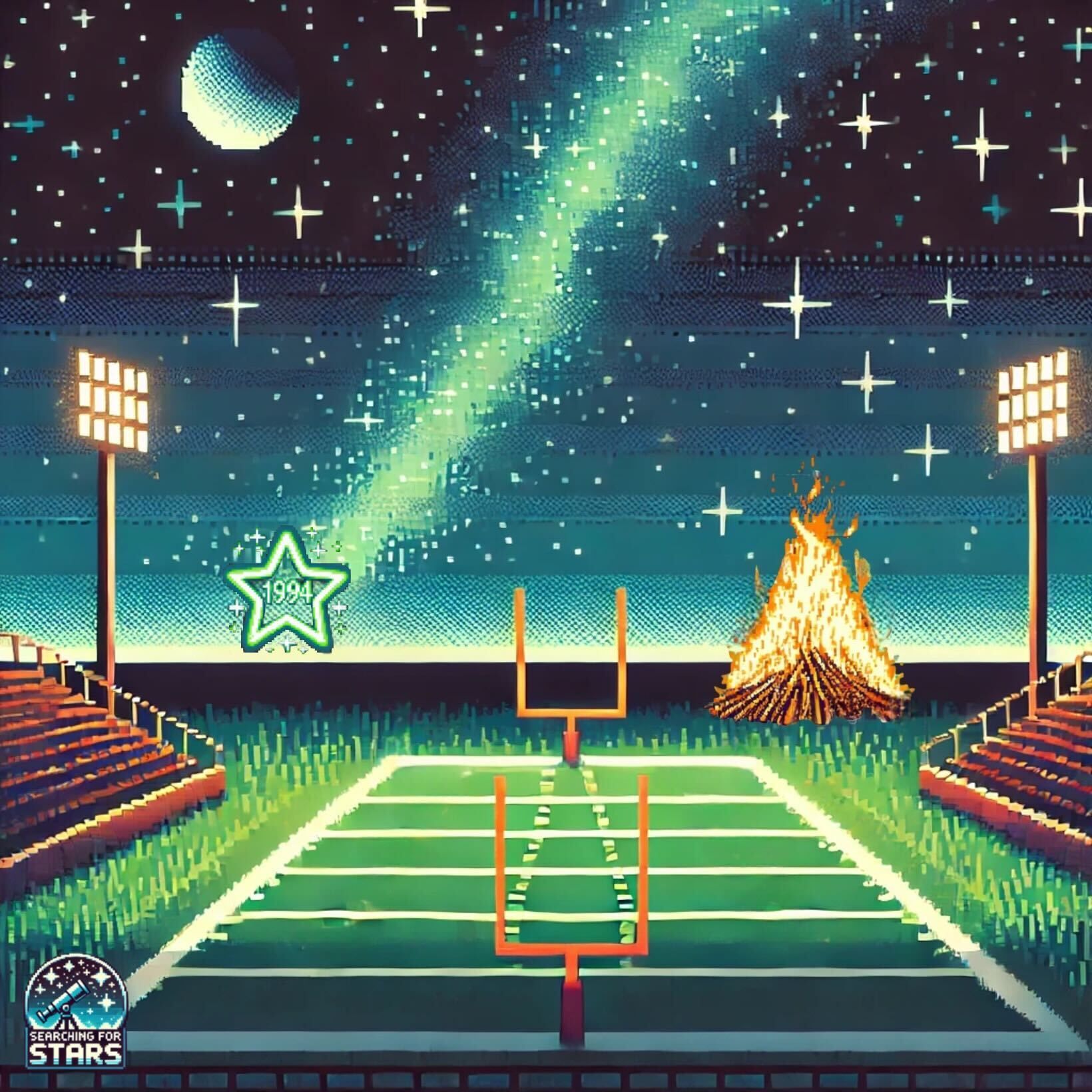 Pixel art nighttime Texas Homecoming football field illuminated by stadium lights and a glowing bonfire beneath a starry sky, evoking nostalgia, ritual and memory in the Searching for Stars universe.