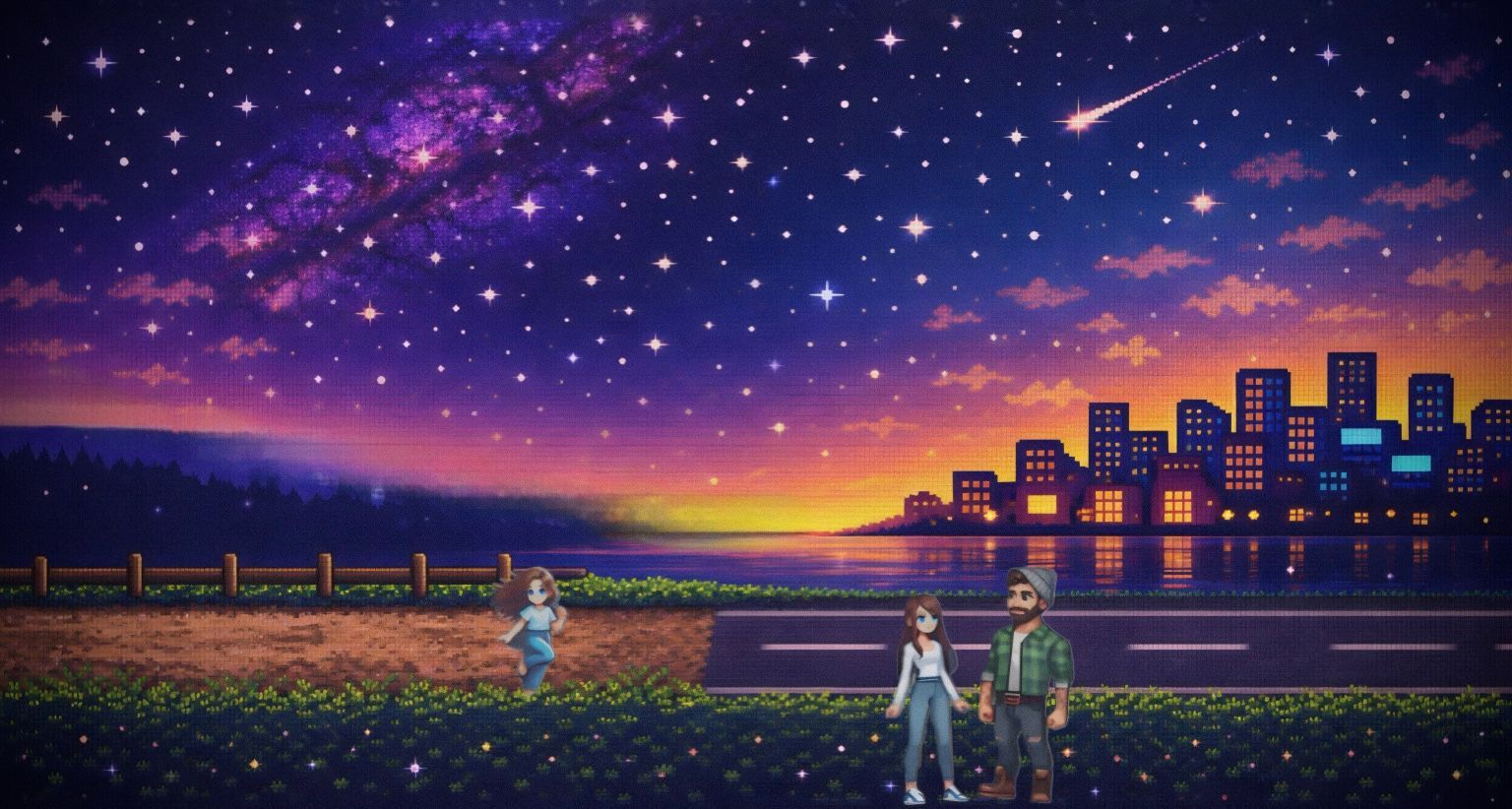 Mixed media pixel art collage of Lauren Nixon-Matney through the years across different stages of life, capturing musical memory, nostalgic identity, a time capsule of growth and the stories that shape a Searching for Stars universe.