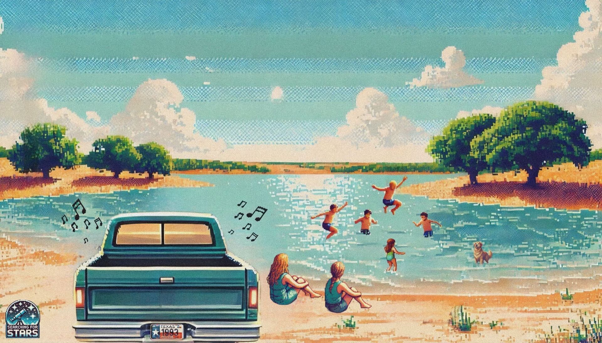Pixel art scene of children playing in a Texas lake beside a parked blue truck, music floating in the air, capturing nostalgia, the feeling of summer, musical memory association in a Searching for Stars universe.