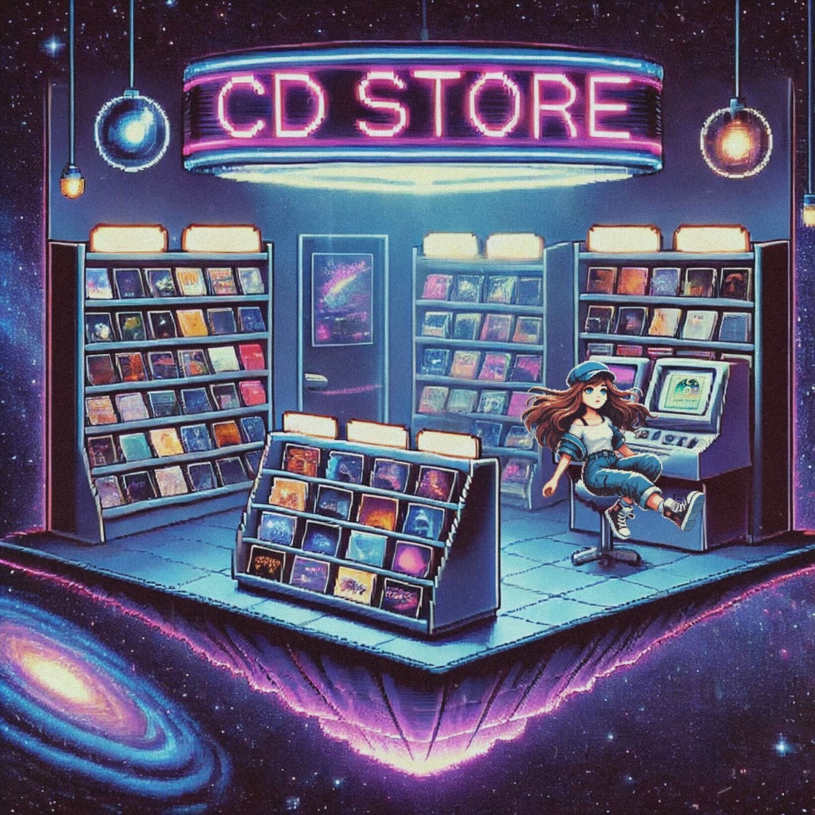 Pixel art image of a floating CD store in space, representing music as memory, discovery, and emotional connection in a Searching for Stars universe. The Cosmic Sound shop