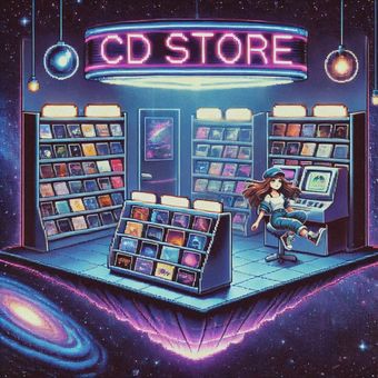Pixel art image of a floating CD store in space, representing music as memory, discovery, and emotional connection in a Searching for Stars universe. The Cosmic Sound shop