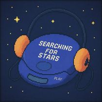 Pixel art Walkman and headphones in a starry universe linking to the Searching for Stars soundtrack / Spotify playlist