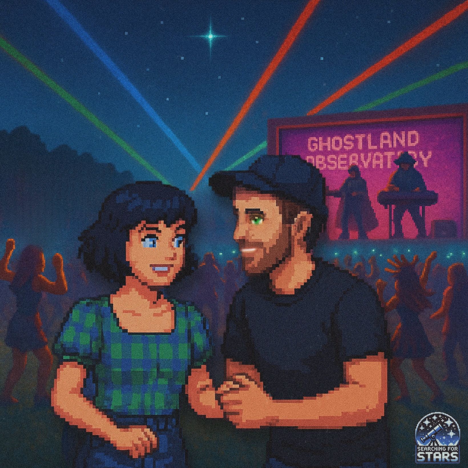 Retro style pixel art illustration of a girl growing into adulthood and dancing with her partner, set against a blue background with 