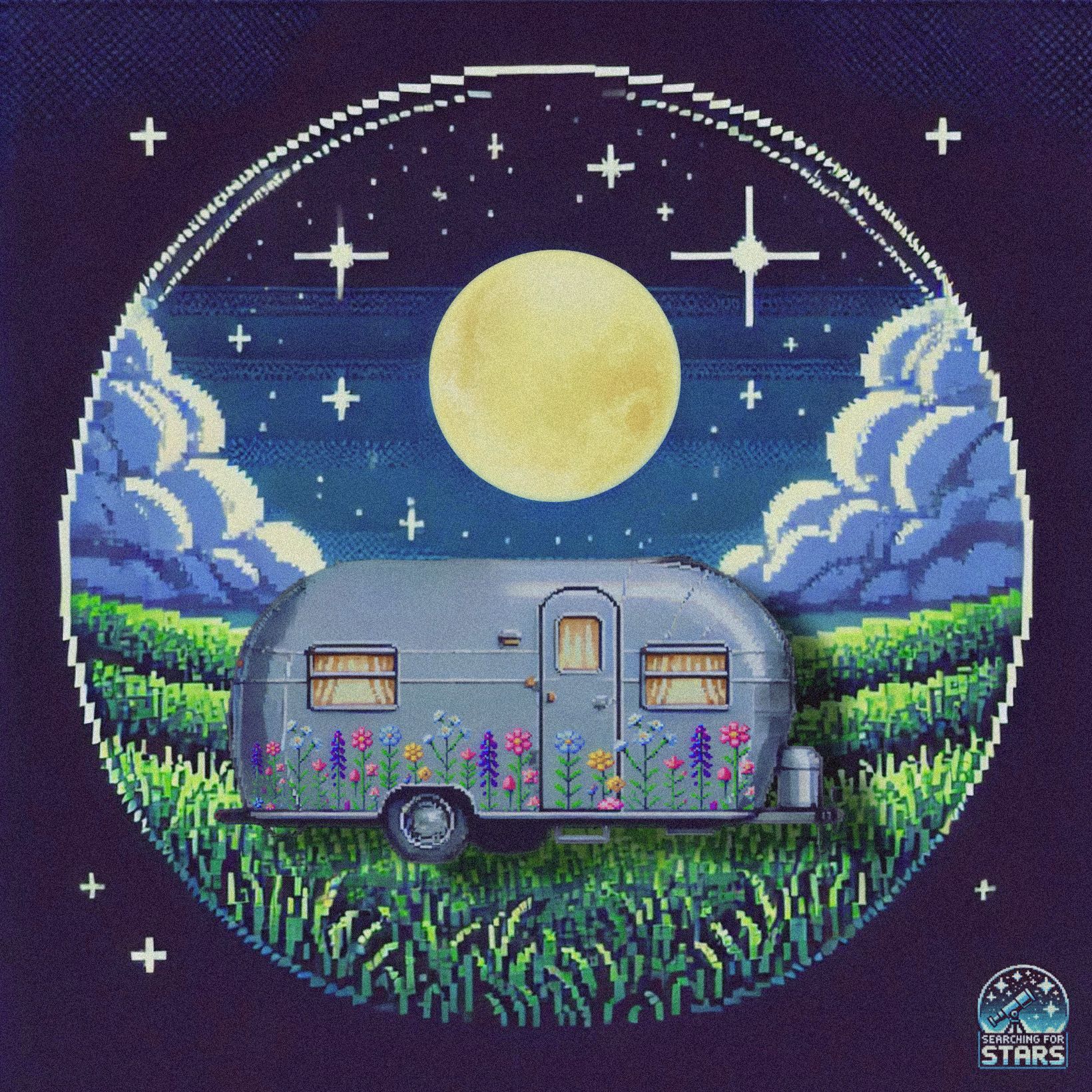 Pixel art tribute inspired by photographer and writer Joy Prouty, representing finding light, creativity, and presence through memory and storytelling in the Searching for Stars multimedia memoir Galaxy.