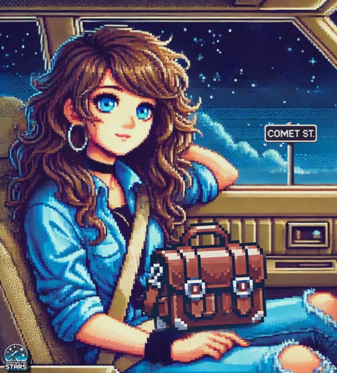 Pixel art image of young Lauren Nixon-Matney riding in a car at night near comet street, representing the memory of musical repetition and movement in a Searching for Stars universe. The Cosmic Sound Shop a Musical Echolalia mixtape memoir digital book series concept.