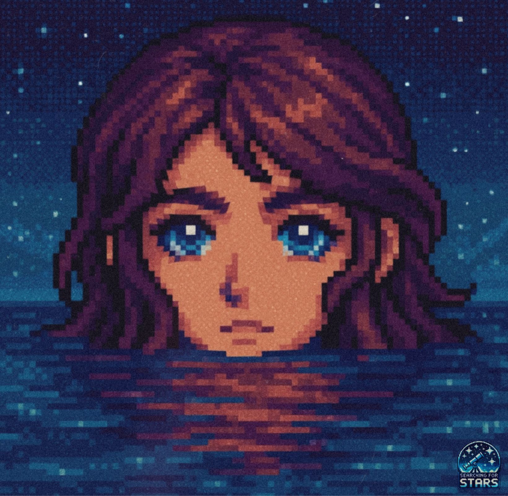 Pixel art illustration of Lauren from a Searching for Stars universe alone in a dark room with her knees pulled to her chest listening to music. Creating a mood of tenderness and emotional reflection.
