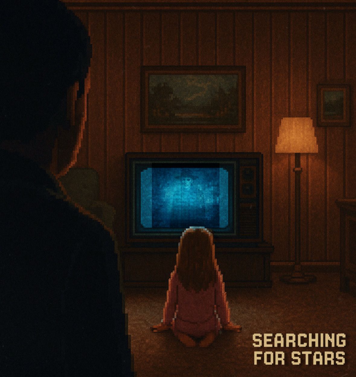 Pixel art scene inspired by the film Poltergeist, capturing a childhood memory of late-night television, sleepwalking and the eerie feeling of stories crossing into dreams in the Searching for Stars multimedia memoir. 