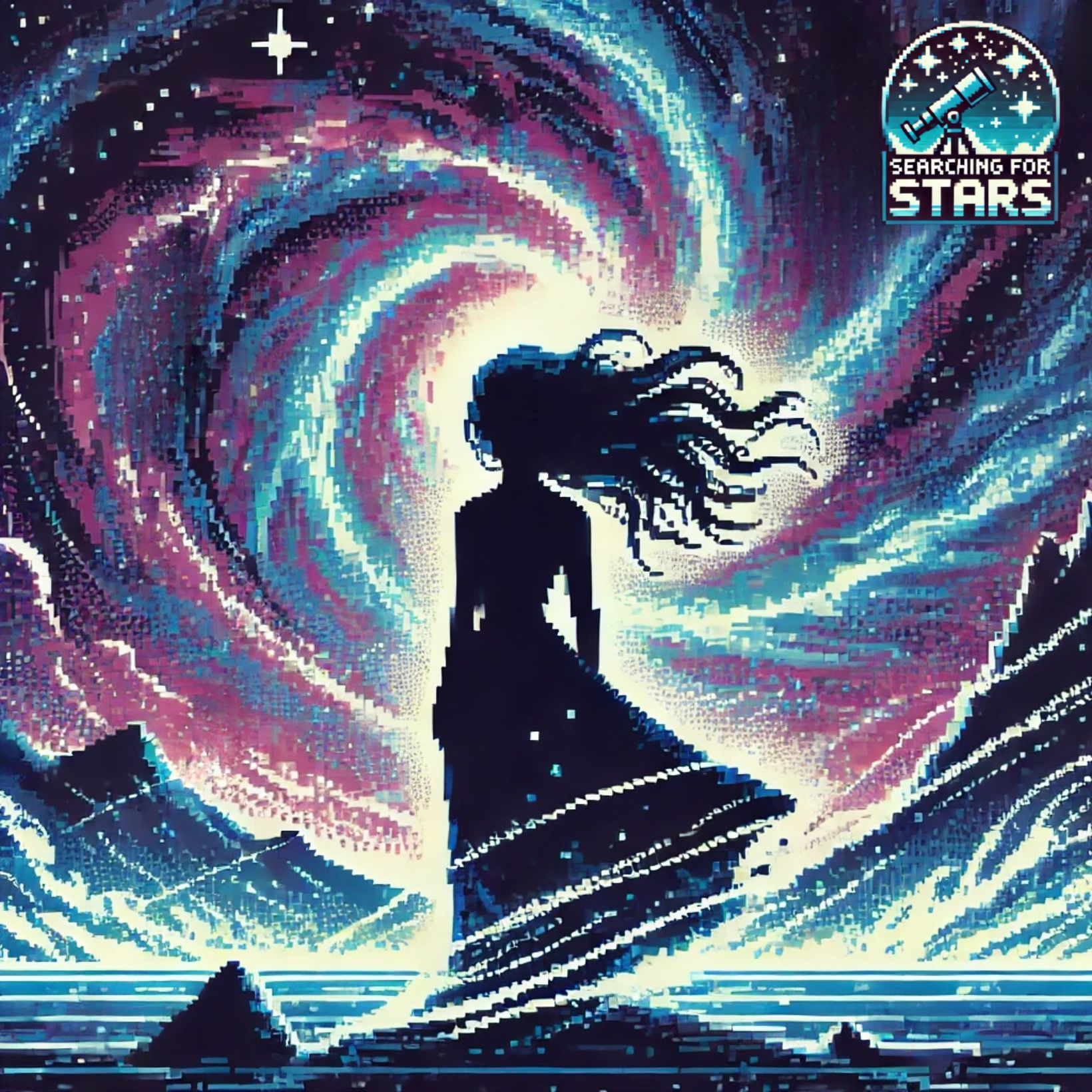 Pixel art illustration of silhouetted woman standing on a landmass in the ocean waves beneath a swirling cosmic sky, inspired by music, memory, and the song
