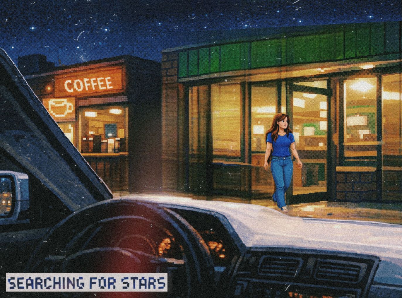 Pixel art scene inspired by the film Garden State and the song New Slang by The Shins, representing the moments that music awaken feeling and memory in the Searching for Stars multimedia memoir universe.
