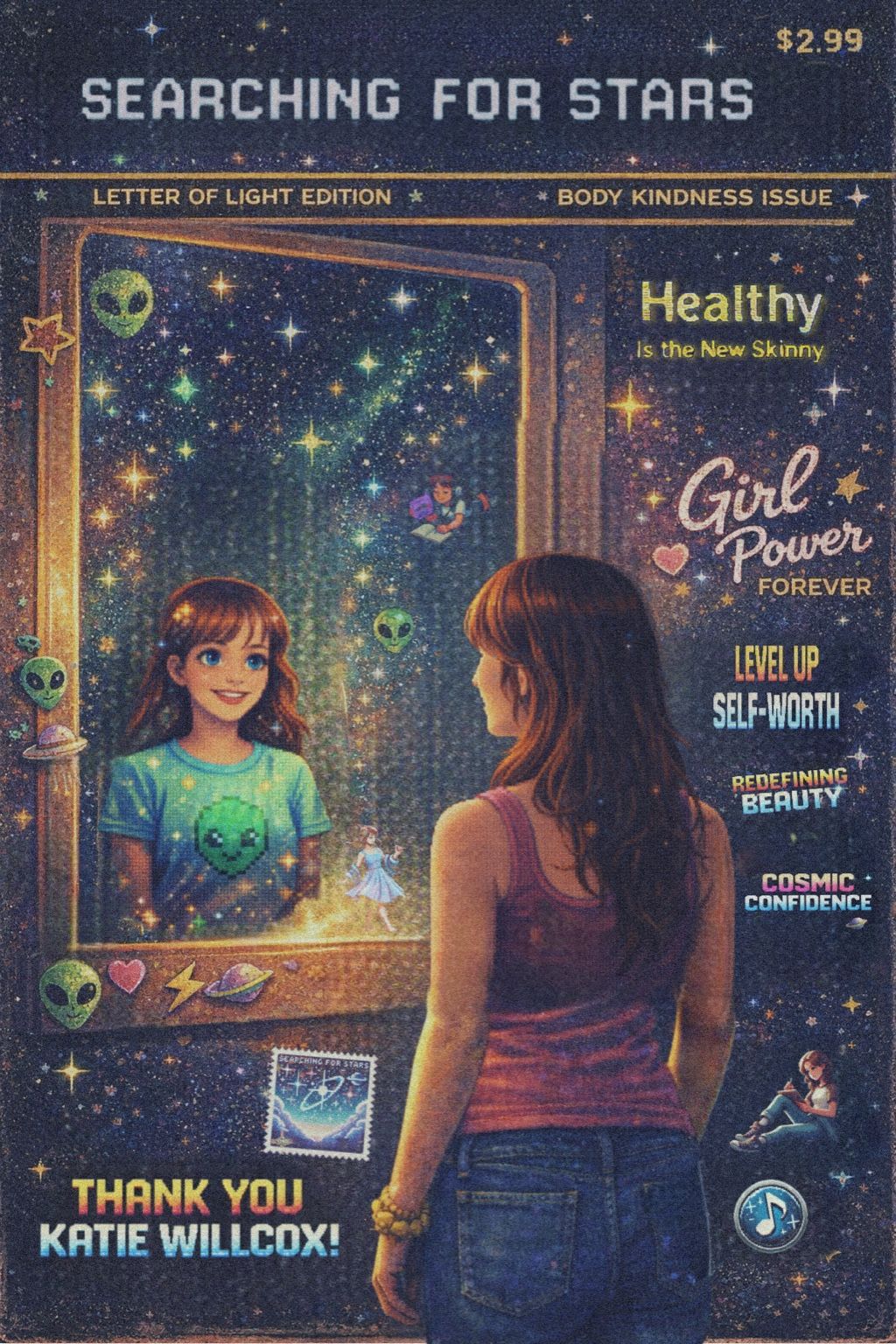 Retro-inspired pixel art scene of a woman standing in front of a mirror after pregnancy, reflecting on body image and identity. The image represents themes of postpartum healing, self-acceptance, and redefining beauty, inspired by Katie Willcox’s “Healthy Is the New Skinny” message about prioritizing health and self-love over unrealistic standards.
