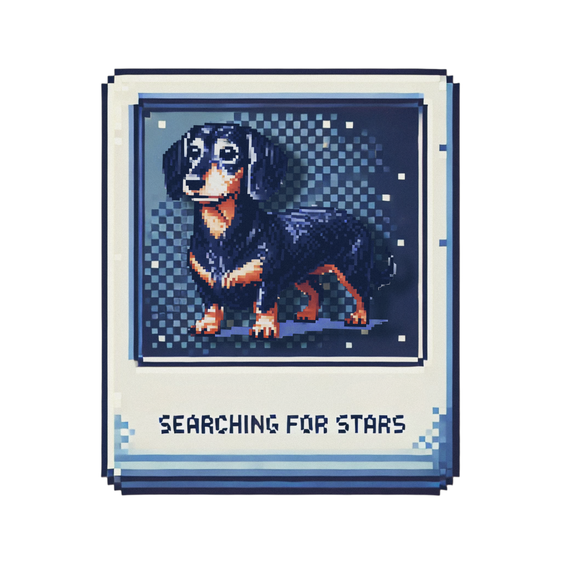 Retro pixel art dachshund designed like a collectible card with “Searching for Stars” text, inspired by the Big Daddy tribute piece “You Get What You Give.”