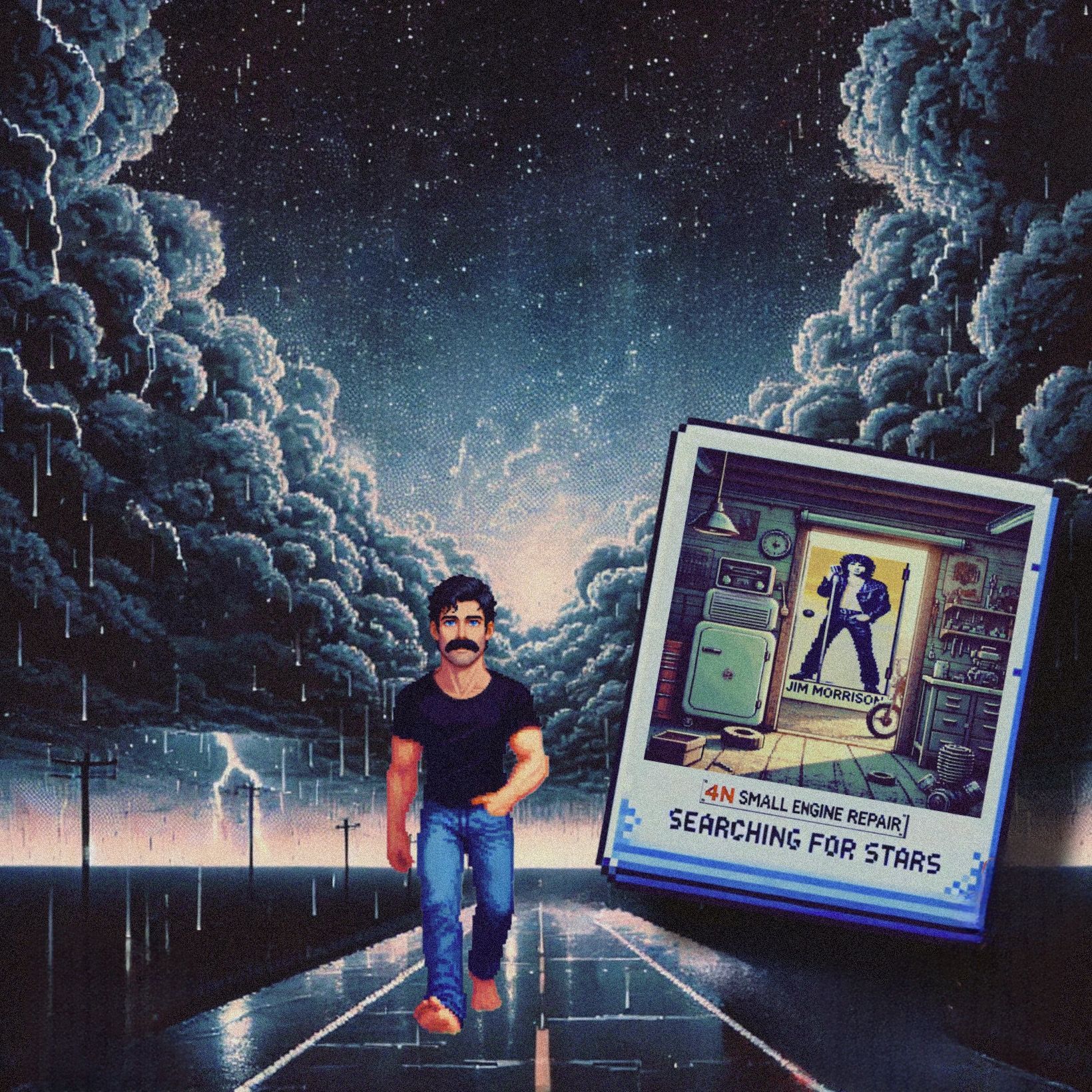 A moody pixel photograph of a wet highway at dusk, wet asphalt reflecting fading light, deep clouds gathering above. Creative reflections that suggest motion and memory. The image evokes driving through a storm- both literal and emotional- guided by musical echolalia