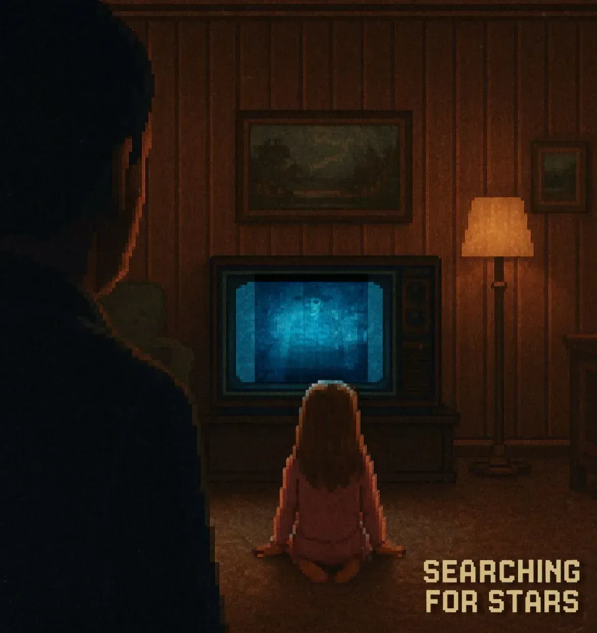 Pixel art scene inspired by the film Poltergeist, capturing a childhood memory of late-night television, sleepwalking and the eerie feeling of stories crossing into dreams in the Searching for Stars multimedia memoir.