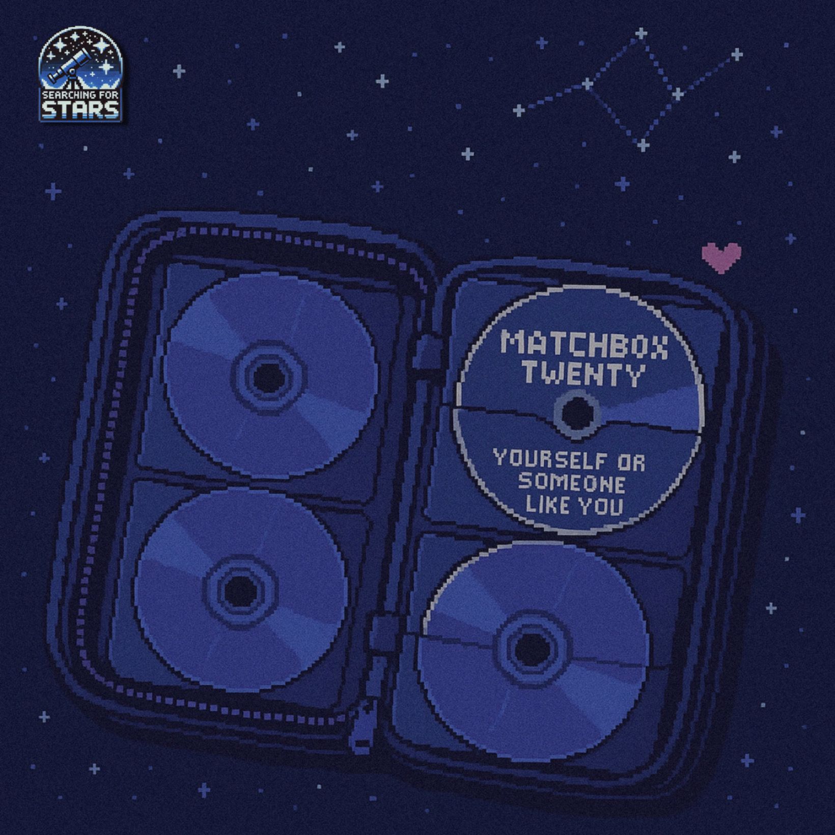 Pixel art illustration of an open CD case floating in a starry night sky, featuring the album