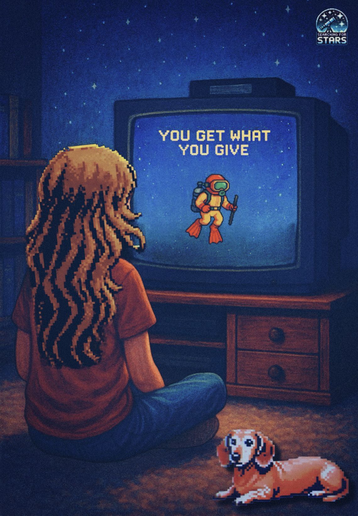 Retro pixel art illustration of a girl watching a vintage television displaying “You Get What You Give,” inspired by Big Daddy and the New Radicals song. A pixel dachshund rests on the floor beneath a starry night sky, part of the Searching for Stars series.