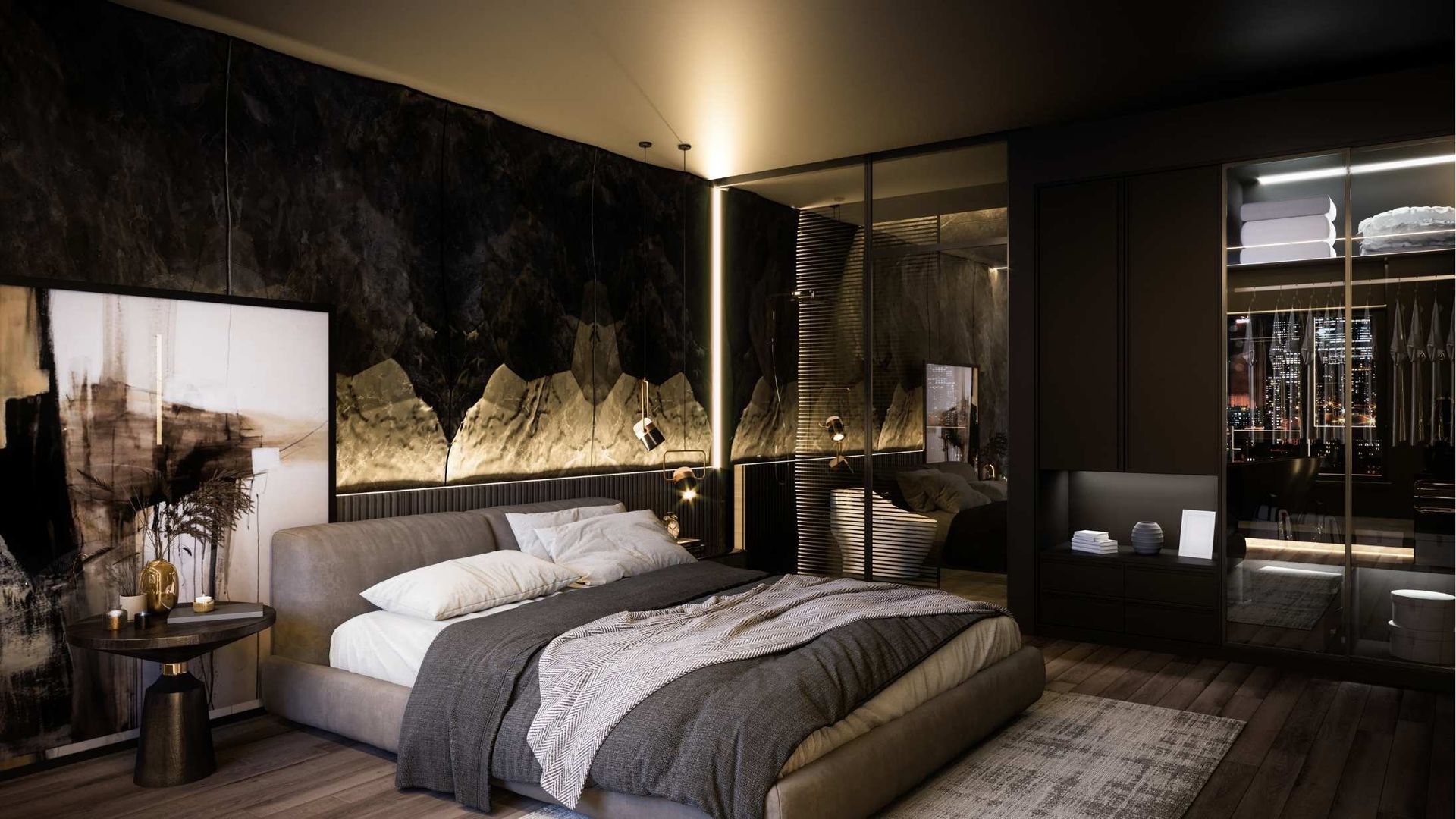 Elegant modern bedroom with a large bed, dark decor, wood floors, and warm ambient lighting
