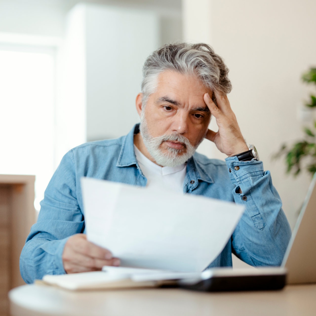Man looking worried while reading a document at a desk, with hand on his head