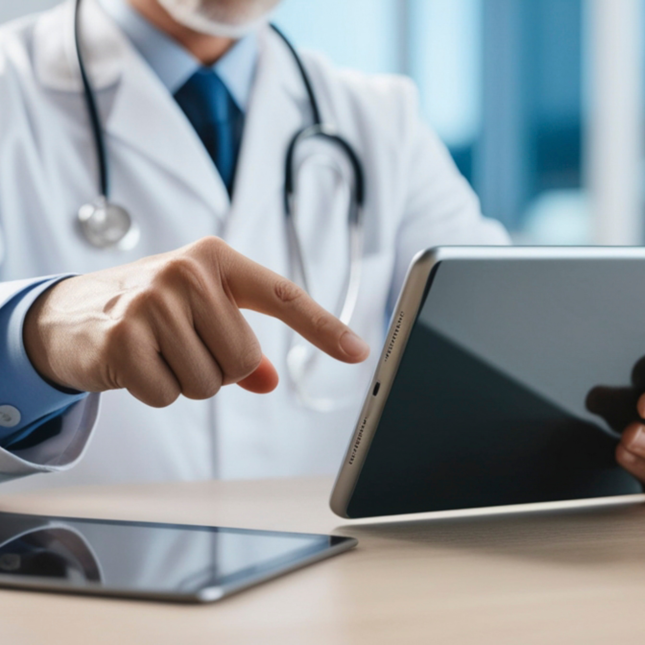 Doctor pointing at a tablet beside a smartphone on a desk