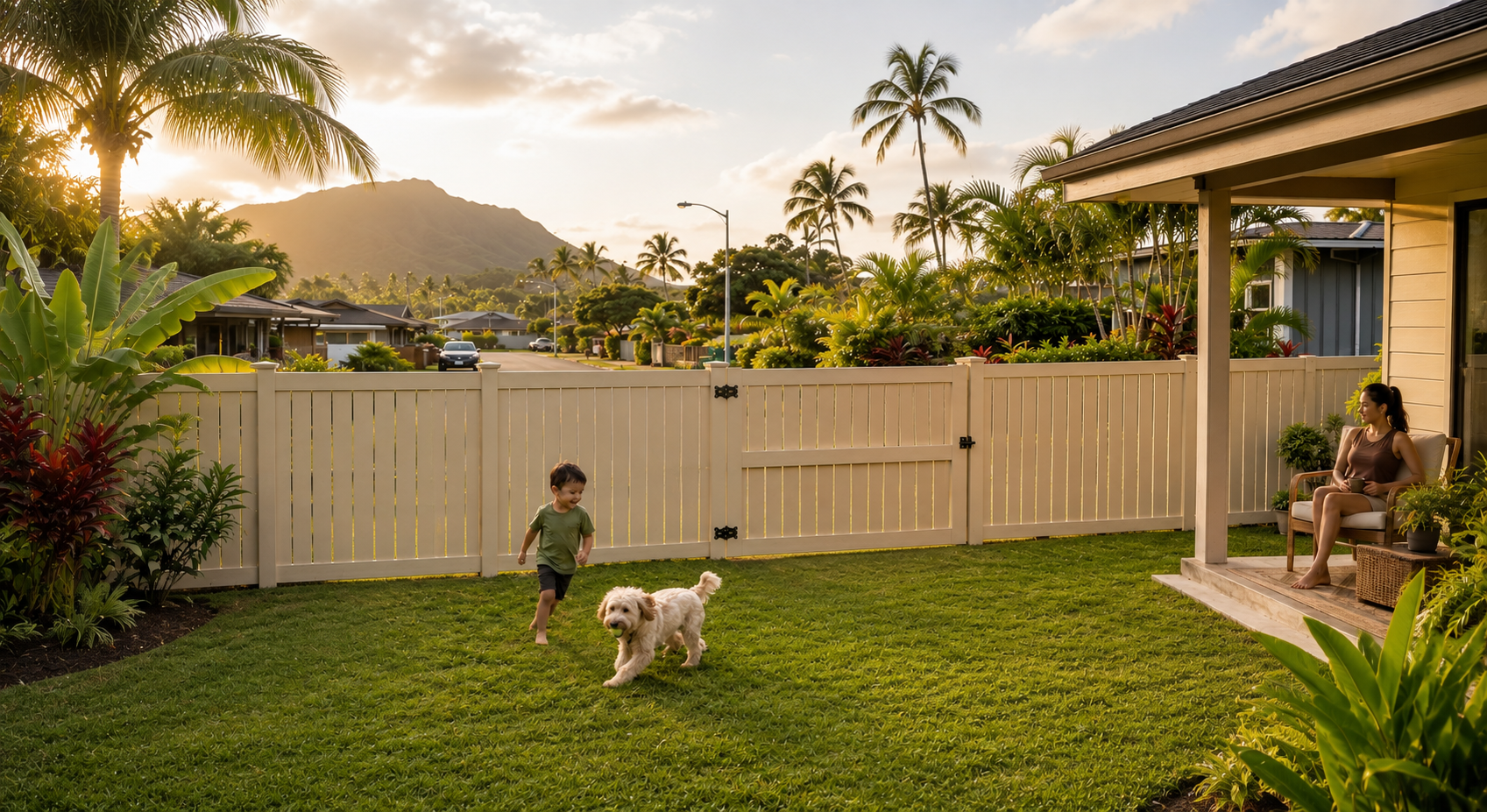 Child and dog playing in a securely fenced Hawaiian yard while a parent supervises from the lanai