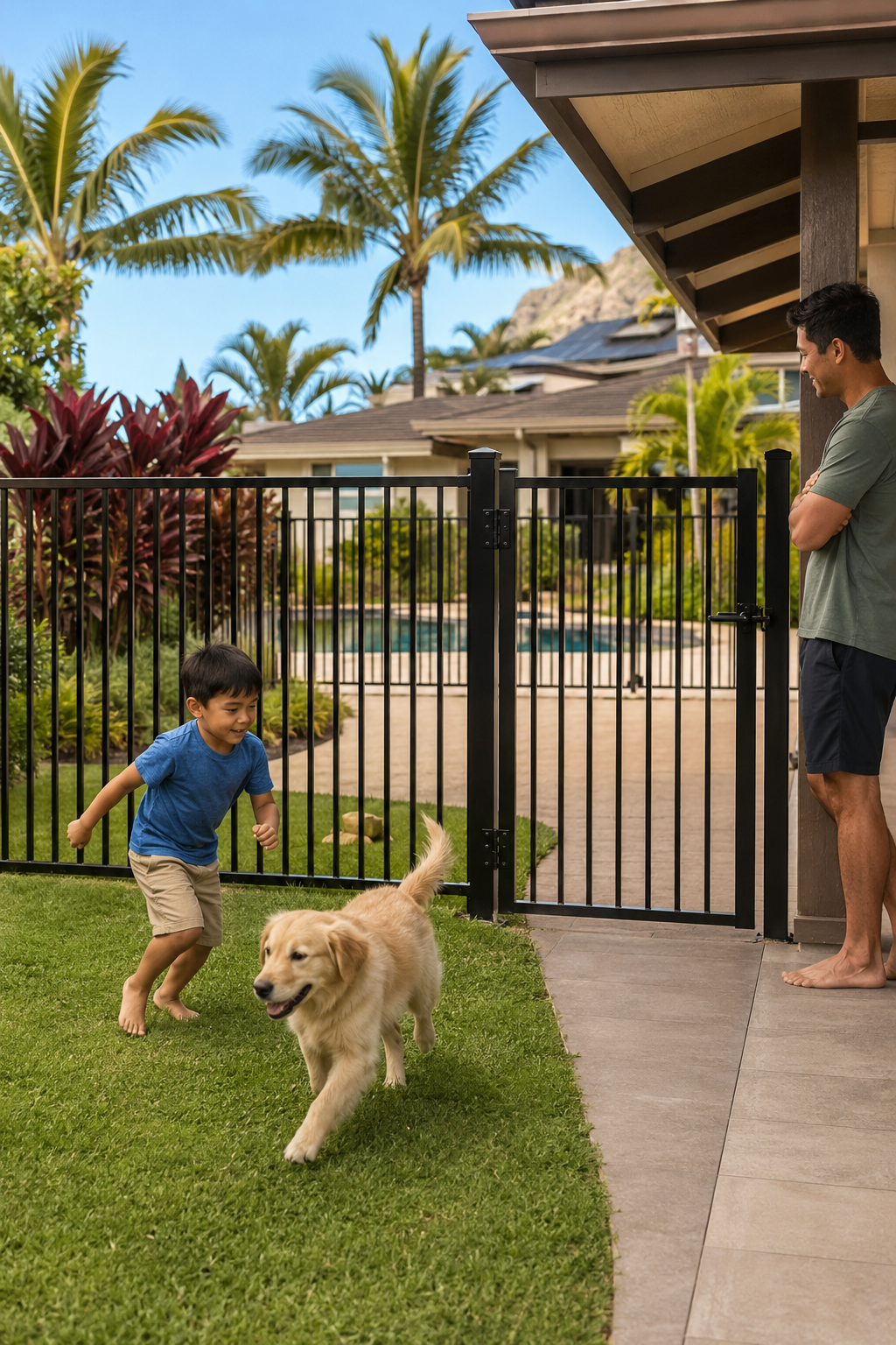Hawaiian Backyard Play Behind Black Aluminum Fencing