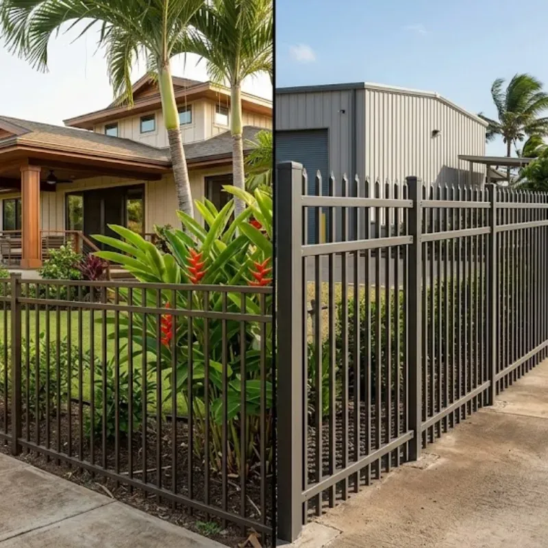 Aluminum fencing comparison in Hawaiʻi showing residential vs commercial fence durability in windy coastal conditions