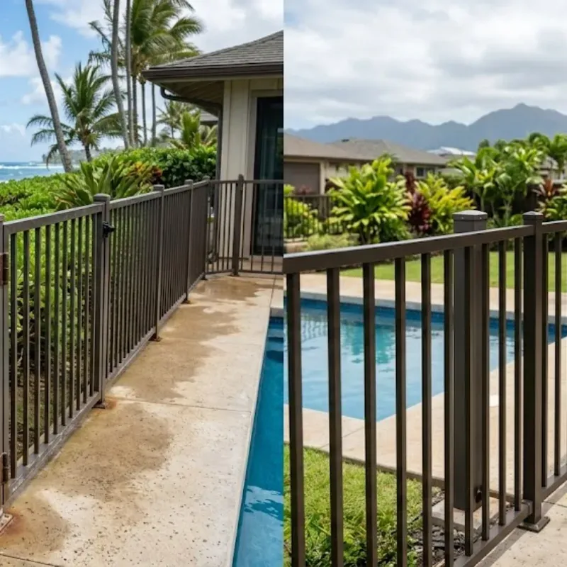 Aluminum pool fence in coastal Hawaii home showing corrosion-resistant hardware designed for salt air, UV exposure, and tropical rainfall in Kailua, Oahu