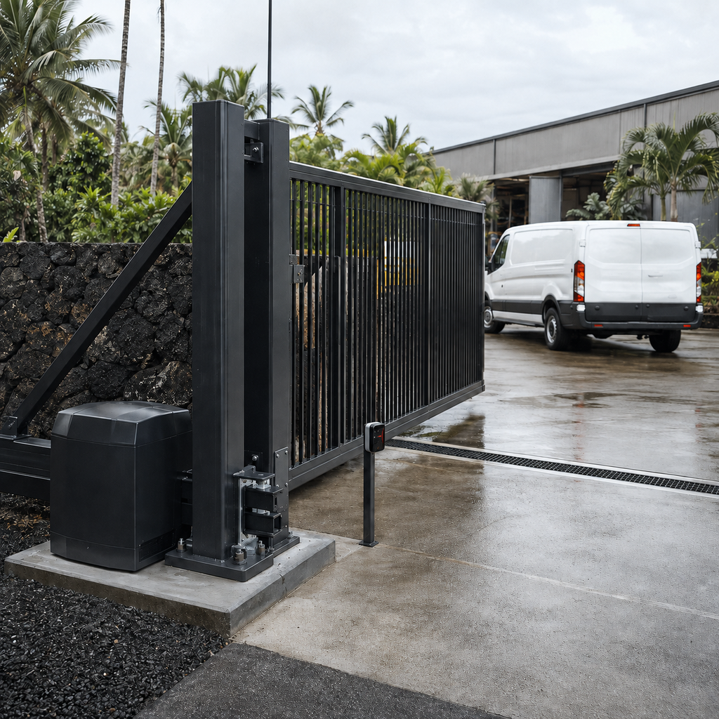 Automated commercial sliding gate opens for a delivery van at a Hawaii service entrance.