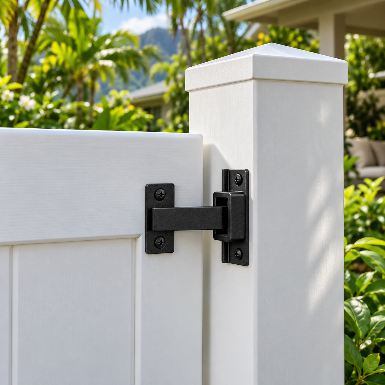 Close-up of black latch hardware connecting a closed white vinyl gate to its post in a tropical garden.