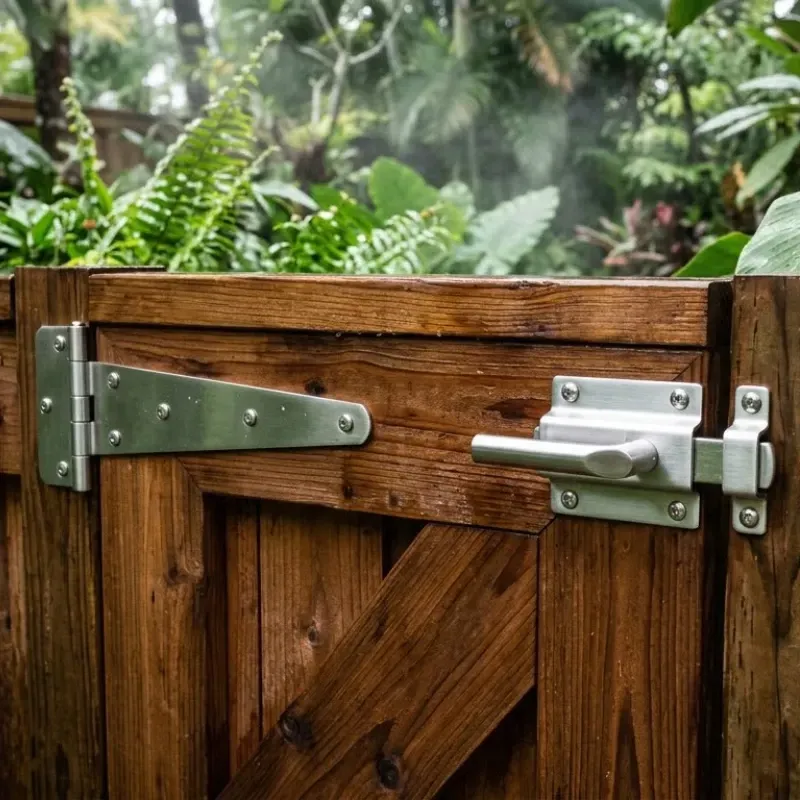 Close-up of galvanized and stainless steel vinyl fence hardware installed in humid Florida backyard, showing corrosion-resistant hinges, brackets, and screws for long-lasting tropical climate performance