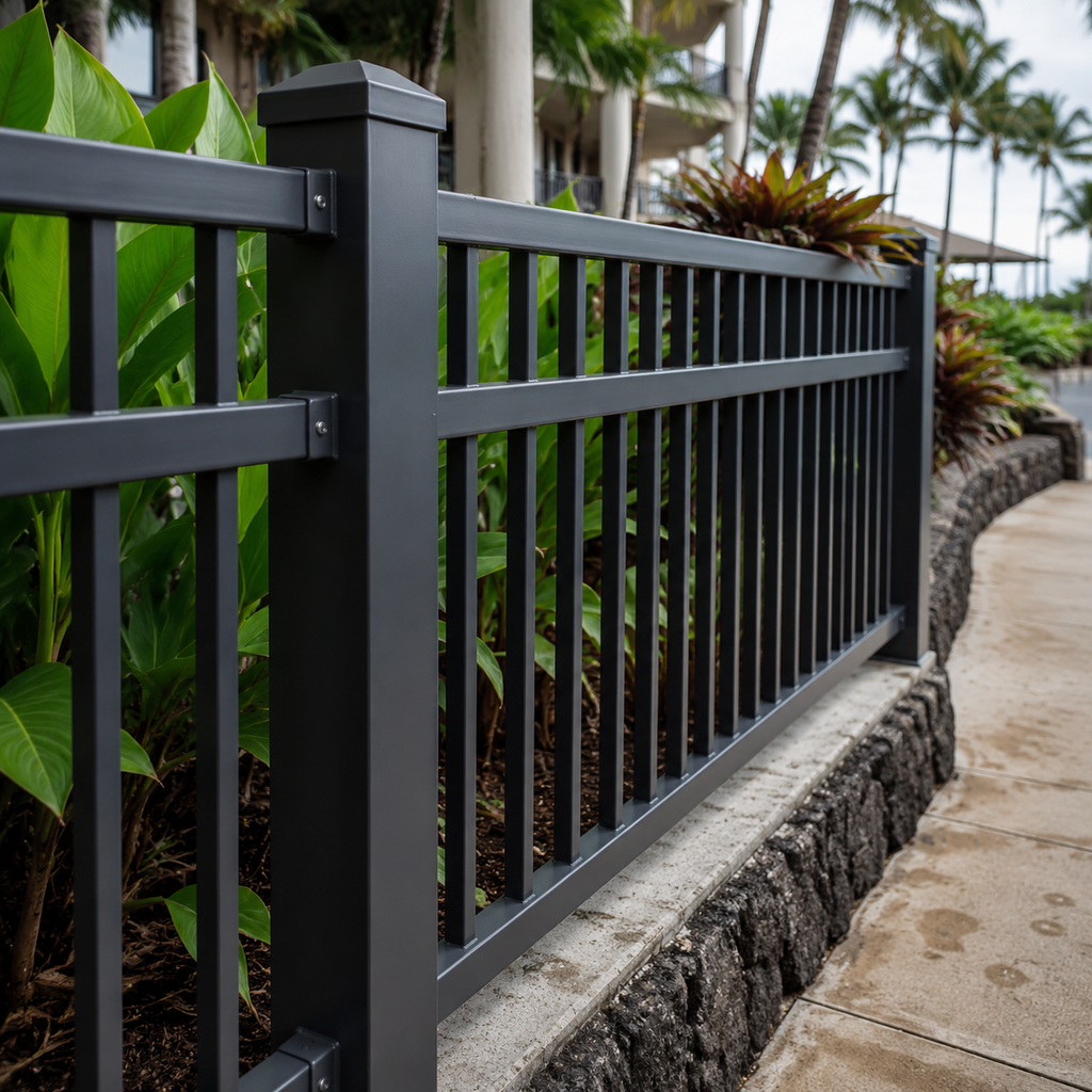 Close view of a powder-coated aluminum fence at a tropical Hawaii commercial property.