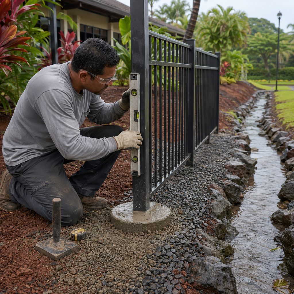 Fence installer checks a commercial post beside a concrete footing and drainage swale in Hawaii.
