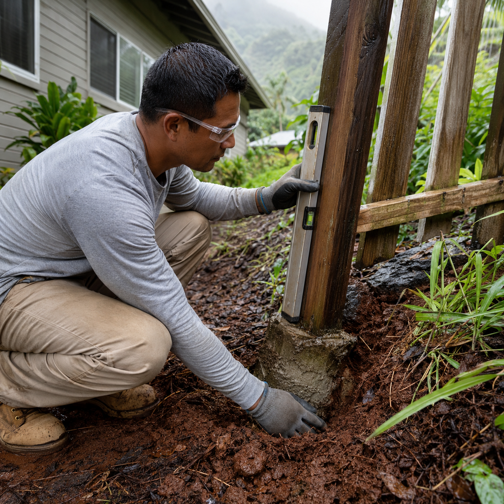 Fence contractor checks a leaning post and loose footing in a damp Hawaii yard