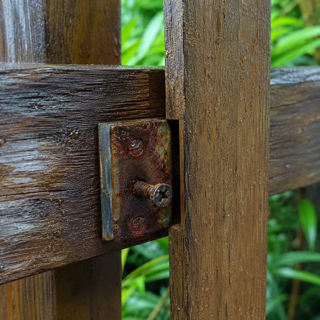 Loose wooden fence board and corroded bracket show moisture damage in a tropical Hawaii yard.
