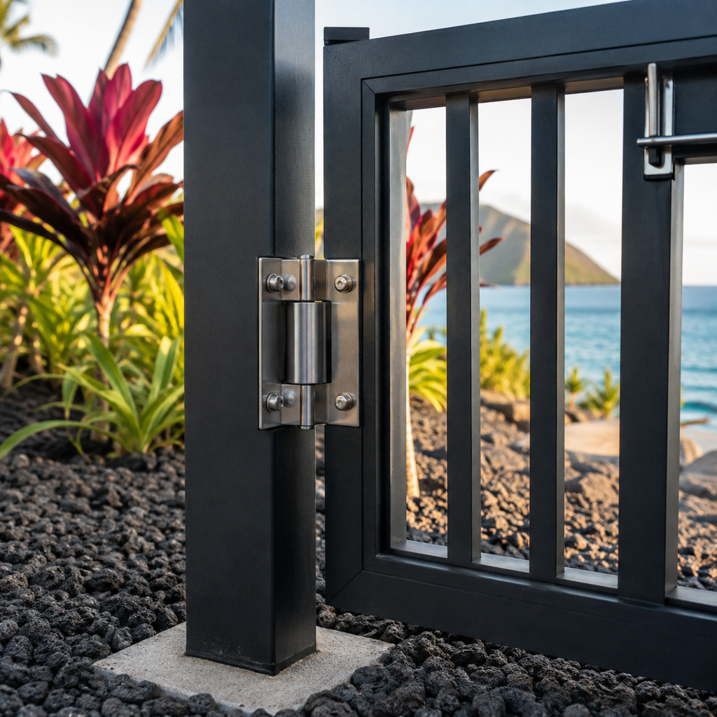 Stainless steel hinge hardware secures an aluminum gate beside a Hawaii coast.