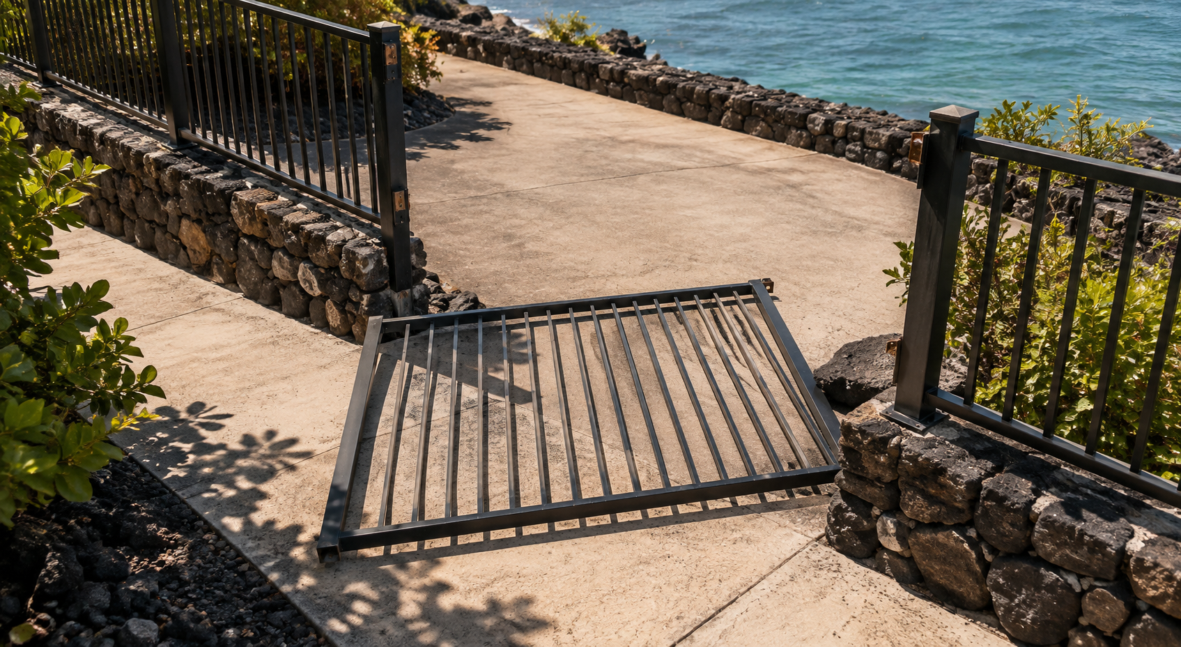 Detached aluminum fence panel blocks a sunlit coastal access path at a Hawaii property.