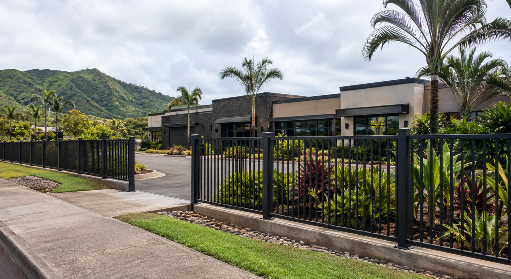 Powder-coated commercial fence surrounds a modern Hawaii property with tropical landscaping.