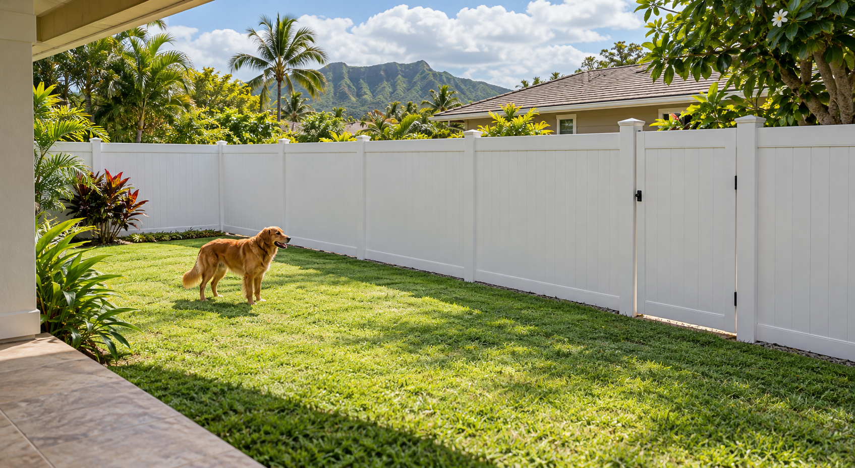 Golden dog in a tropical yard enclosed by a white vinyl privacy fence and closed pedestrian gate.
