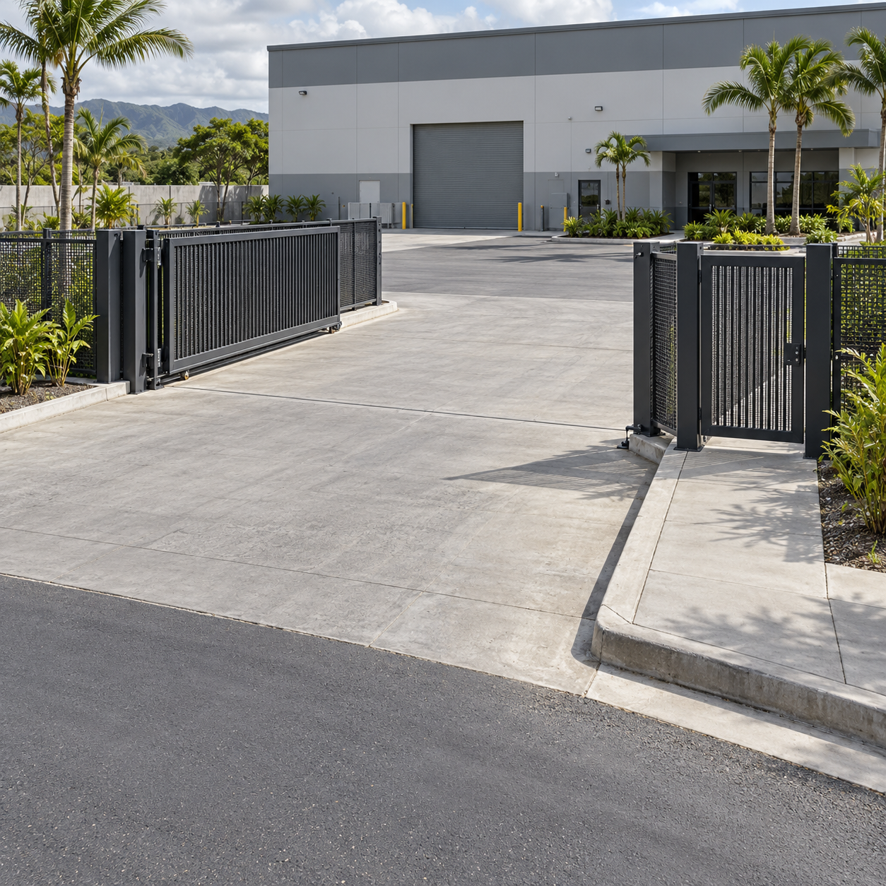 A warehouse entrance has an open sliding vehicle gate and a separate pedestrian gate beside the driveway.