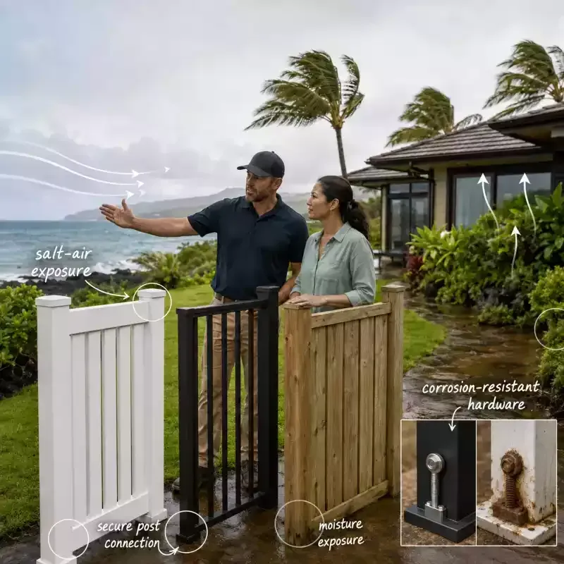 Person in a sun hat standing by a gray fence on a tropical patio with ocean views and palm trees