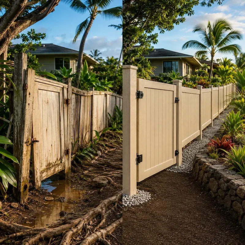 Person in a sun hat standing by a gray fence on a tropical patio with ocean views and palm trees