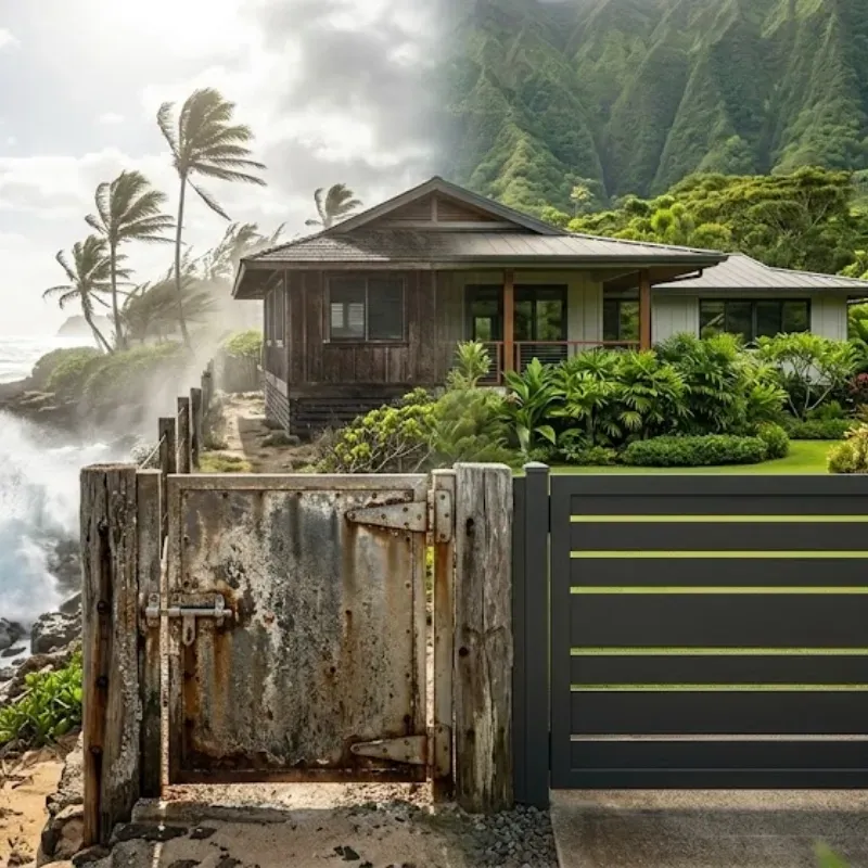 Hawaii gate installation showing coastal corrosion risks from salt air, windward and leeward Oahu climate differences, and durable materials like stainless steel hardware and aluminum fencing for rust prevention and long-term structural stability.