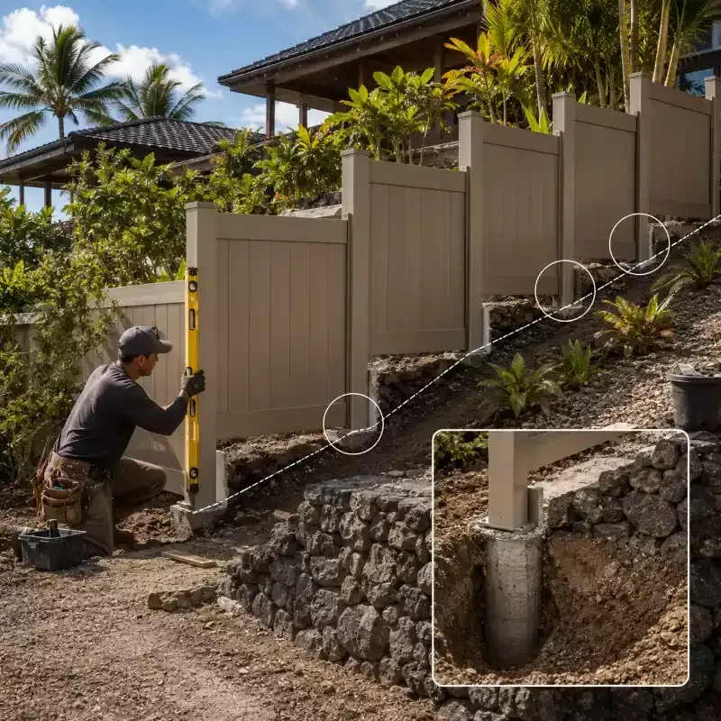 Hawaii hillside fence installation reinforced footings